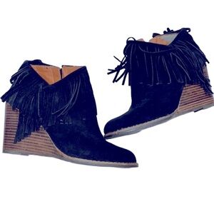 Lucky Brand black fringe boots wedges size 7 1/2